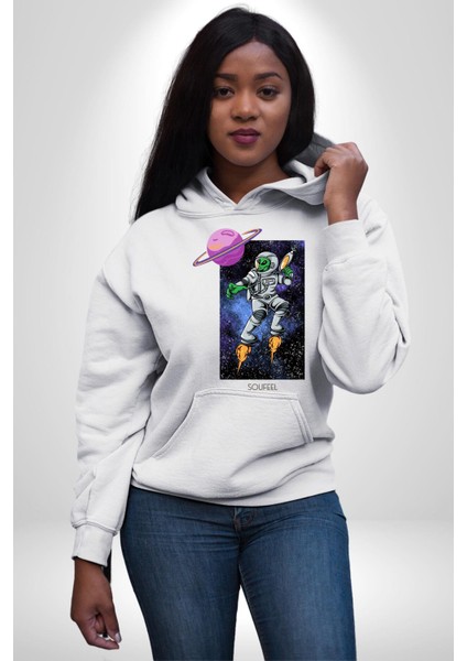 Astronot Uzaylı Savaşçı Satürn Kadın Erkek Baskılı Üç Iplik Beyaz Kapüşonlu Hodie Sweatshirt fiyatları