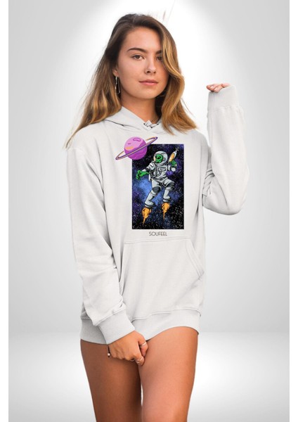 Astronot Uzaylı Savaşçı Satürn Kadın Erkek Baskılı Üç Iplik Beyaz Kapüşonlu Hodie Sweatshirt modelleri