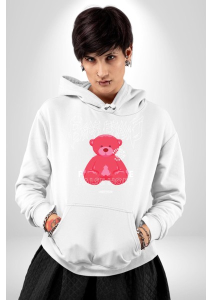 Umut Oyuncak Ayı Sokak Tarzı Kadın Erkek Baskılı Üç Iplik Beyaz Kapüşonlu Hodie Sweatshirt