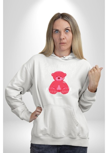 Umut Oyuncak Ayı Sokak Tarzı Kadın Erkek Baskılı Üç Iplik Beyaz Kapüşonlu Hodie Sweatshirt modelleri