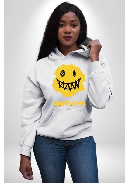 Mutluluk Kara Kalen Gülen Yüz Kadın Erkek Baskılı Üç Iplik Beyaz Kapüşonlu Hodie Sweatshirt fiyatları