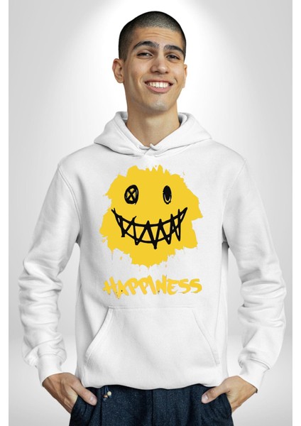Mutluluk Kara Kalen Gülen Yüz Kadın Erkek Baskılı Üç Iplik Beyaz Kapüşonlu Hodie Sweatshirt modelleri