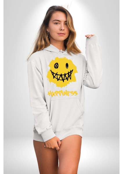 Mutluluk Kara Kalen Gülen Yüz Kadın Erkek Baskılı Üç Iplik Beyaz Kapüşonlu Hodie Sweatshirt fırsatları