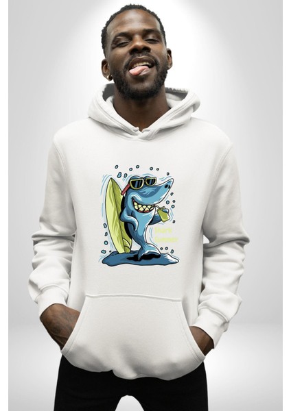 Tatil Yapan Köpekbalığı Sörfçü Kadın Erkek Baskılı Üç Iplik Beyaz Kapüşonlu Hodie Sweatshirt fiyatları
