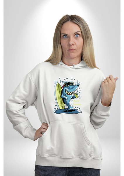 Tatil Yapan Köpekbalığı Sörfçü Kadın Erkek Baskılı Üç Iplik Beyaz Kapüşonlu Hodie Sweatshirt modelleri