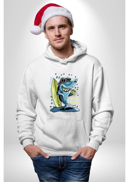 Tatil Yapan Köpekbalığı Sörfçü Kadın Erkek Baskılı Üç Iplik Beyaz Kapüşonlu Hodie Sweatshirt fırsatları