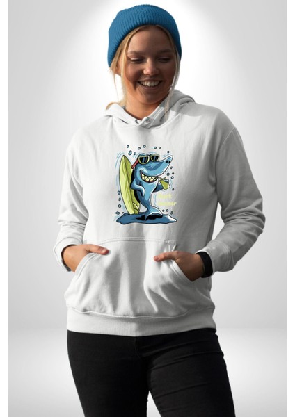 Tatil Yapan Köpekbalığı Sörfçü Kadın Erkek Baskılı Üç Iplik Beyaz Kapüşonlu Hodie Sweatshirt indirimleri