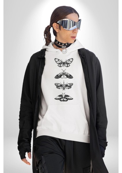 Kelebek Oluşumu Kozadan Kelebeğe Kadın Erkek Baskılı Üç Iplik Beyaz Kapüşonlu Hodie Sweatshirt