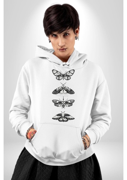 Kelebek Oluşumu Kozadan Kelebeğe Kadın Erkek Baskılı Üç Iplik Beyaz Kapüşonlu Hodie Sweatshirt fiyatları
