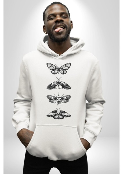 Kelebek Oluşumu Kozadan Kelebeğe Kadın Erkek Baskılı Üç Iplik Beyaz Kapüşonlu Hodie Sweatshirt modelleri