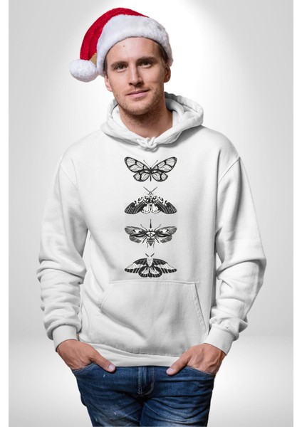 Kelebek Oluşumu Kozadan Kelebeğe Kadın Erkek Baskılı Üç Iplik Beyaz Kapüşonlu Hodie Sweatshirt indirimleri
