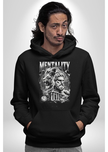 Zihniyet Yunan Aslan ve Antik Yunan Kadın Erkek Baskılı Üç Iplik Siyah Kapüşonlu Hodie Sweatshirt