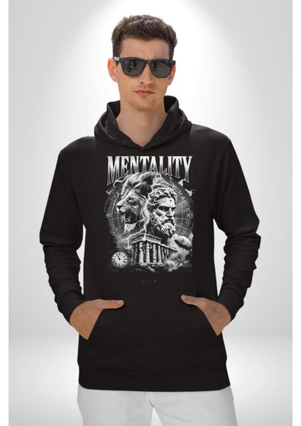 Zihniyet Yunan Aslan ve Antik Yunan Kadın Erkek Baskılı Üç Iplik Siyah Kapüşonlu Hodie Sweatshirt indirimleri
