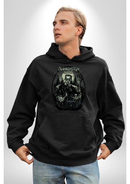 Frankenstein Rock Yıldızı Kadın Erkek Baskılı Üç Iplik Siyah Kapüşonlu Hodie Sweatshirt