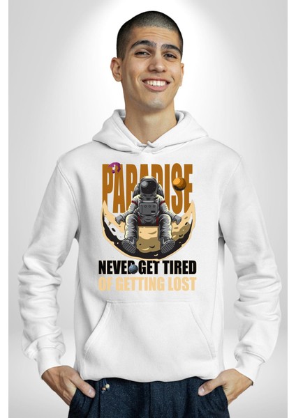 Kaybolmaktan Asla Bıkma Astronot Kadın Erkek Baskılı Üç Iplik Beyaz Kapüşonlu Hodie Sweatshirt fırsatları