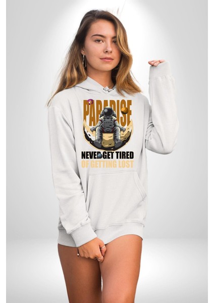 Kaybolmaktan Asla Bıkma Astronot Kadın Erkek Baskılı Üç Iplik Beyaz Kapüşonlu Hodie Sweatshirt indirimleri