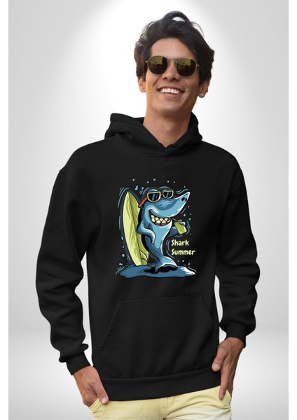 Tatil Yapan Köpekbalığı Sörfçü Kadın Erkek Baskılı Üç Iplik Siyah Kapüşonlu Hodie Sweatshirt fiyatları