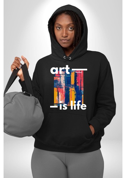 Sanat Hayattır Modern Art Kadın Erkek Baskılı Üç Iplik Siyah Kapüşonlu Hodie Sweatshirt modelleri