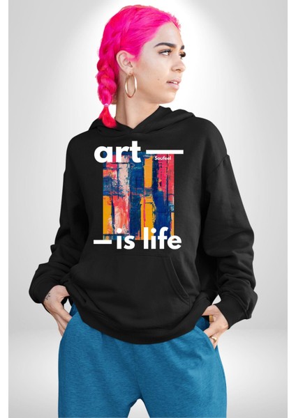 Sanat Hayattır Modern Art Kadın Erkek Baskılı Üç Iplik Siyah Kapüşonlu Hodie Sweatshirt indirimleri