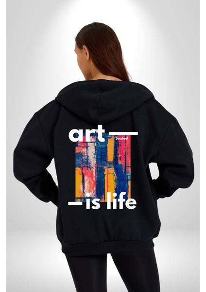 Sanat Hayattır Modern Art Kadın Erkek Baskılı Fermuarlı Kapüşonlu Hırka Sweatshirt indirimleri