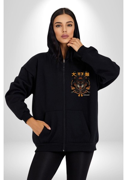 Kaplan Samuray Savaşçı Kadın Erkek Baskılı Fermuarlı Kapüşonlu Hırka Sweatshirt