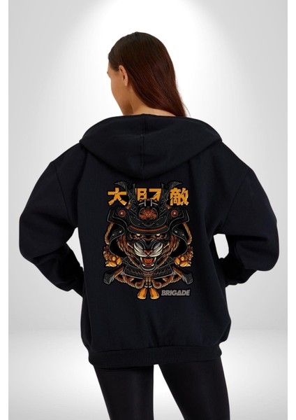 Kaplan Samuray Savaşçı Kadın Erkek Baskılı Fermuarlı Kapüşonlu Hırka Sweatshirt
