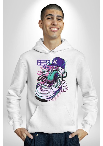 Çok Taze Çok Temiz Müzisyen Ayakkabı Kadın Erkek Baskılı Üç Iplik Beyaz Kapüşonlu Hodie Sweatshirt