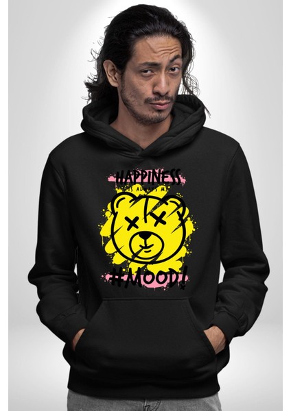 Mutluluk Modu Oyuncak Ayı Kadın Erkek Baskılı Üç Iplik Siyah Kapüşonlu Hodie Sweatshirt