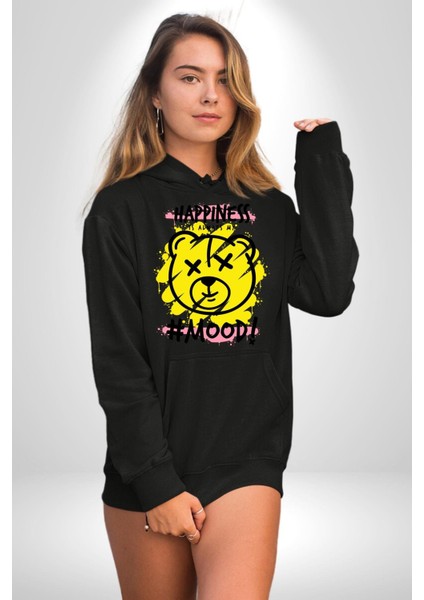 Mutluluk Modu Oyuncak Ayı Kadın Erkek Baskılı Üç Iplik Siyah Kapüşonlu Hodie Sweatshirt