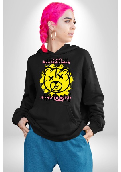 Mutluluk Modu Oyuncak Ayı Kadın Erkek Baskılı Üç Iplik Siyah Kapüşonlu Hodie Sweatshirt
