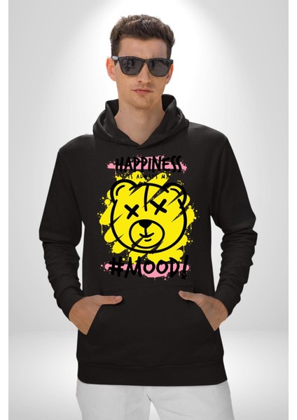 Mutluluk Modu Oyuncak Ayı Kadın Erkek Baskılı Üç Iplik Siyah Kapüşonlu Hodie Sweatshirt
