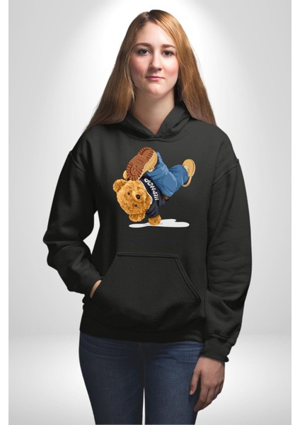 Break Dance Yapan Oyuncak Ayı Kadın Erkek Baskılı Üç Iplik Siyah Kapüşonlu Hodie Sweatshirt fiyatları