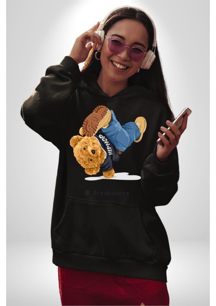 Break Dance Yapan Oyuncak Ayı Kadın Erkek Baskılı Üç Iplik Siyah Kapüşonlu Hodie Sweatshirt modelleri