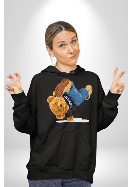 Break Dance Yapan Oyuncak Ayı Kadın Erkek Baskılı Üç Iplik Siyah Kapüşonlu Hodie Sweatshirt fırsatları