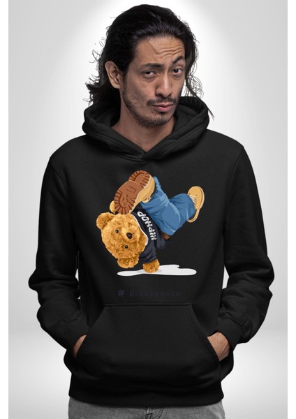 Break Dance Yapan Oyuncak Ayı Kadın Erkek Baskılı Üç Iplik Siyah Kapüşonlu Hodie Sweatshirt indirimleri