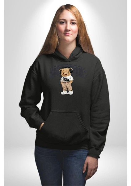 Estetik Oyuncak Tatlı Ayı Kadın Erkek Baskılı Üç Iplik Siyah Kapüşonlu Hodie Sweatshirt indirimleri