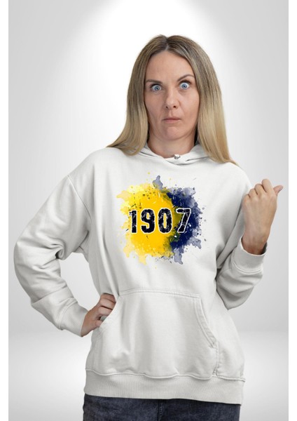 Sarı Lacivert Kuruluş Tarihi Şanlı Kadın Erkek Baskılı Üç Iplik Beyaz Kapüşonlu Hodie Sweatshirt