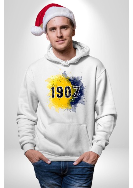 Sarı Lacivert Kuruluş Tarihi Şanlı Kadın Erkek Baskılı Üç Iplik Beyaz Kapüşonlu Hodie Sweatshirt fiyatları