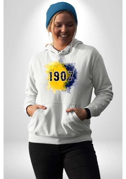 Sarı Lacivert Kuruluş Tarihi Şanlı Kadın Erkek Baskılı Üç Iplik Beyaz Kapüşonlu Hodie Sweatshirt modelleri