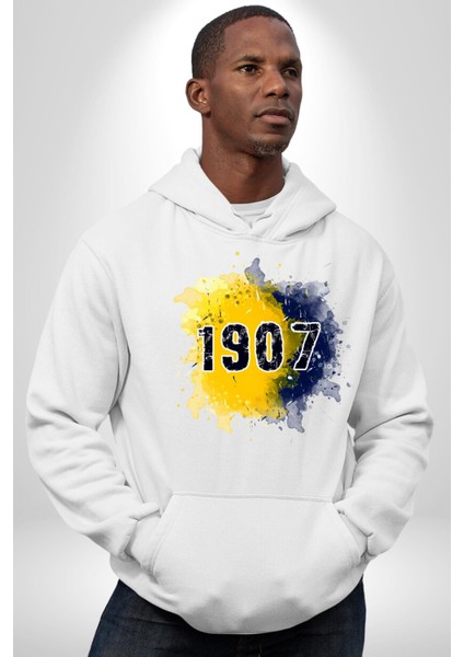 Sarı Lacivert Kuruluş Tarihi Şanlı Kadın Erkek Baskılı Üç Iplik Beyaz Kapüşonlu Hodie Sweatshirt fırsatları