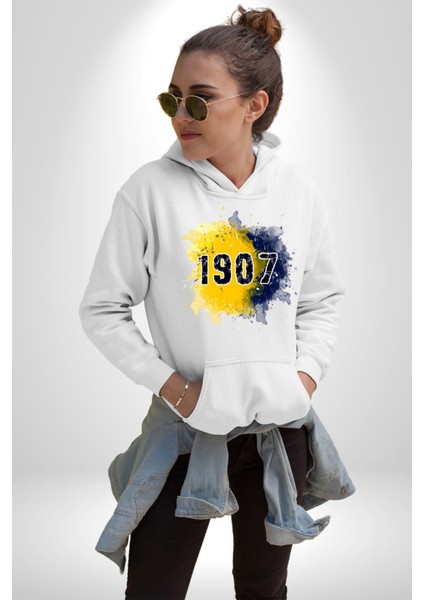 Sarı Lacivert Kuruluş Tarihi Şanlı Kadın Erkek Baskılı Üç Iplik Beyaz Kapüşonlu Hodie Sweatshirt indirimleri