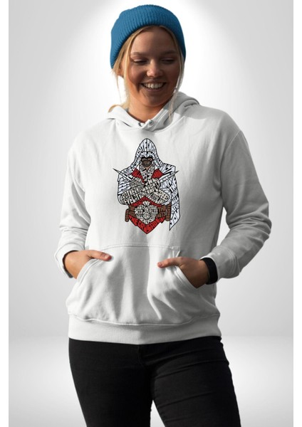 Assasins Creed Efsane Oyun Kadın Erkek Baskılı Üç Iplik Beyaz Kapüşonlu Hodie Sweatshirt modelleri