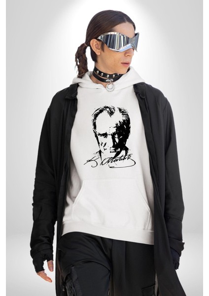 Mustafa Kemal Atatürk Imza ve Silüet Kadın Erkek Baskılı Üç Iplik Beyaz Kapüşonlu Hodie Sweatshirt
