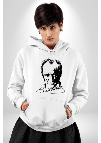 Mustafa Kemal Atatürk Imza ve Silüet Kadın Erkek Baskılı Üç Iplik Beyaz Kapüşonlu Hodie Sweatshirt