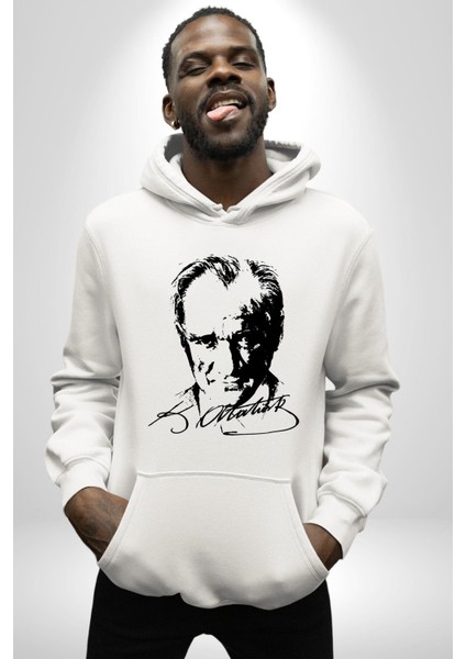 Mustafa Kemal Atatürk Imza ve Silüet Kadın Erkek Baskılı Üç Iplik Beyaz Kapüşonlu Hodie Sweatshirt