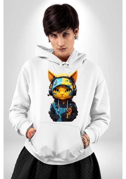 Kulaklıklı Havlı Serseri Kedi Kadın Erkek Baskılı Üç Iplik Beyaz Kapüşonlu Hodie Sweatshirt