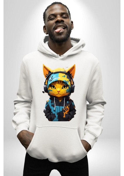 Kulaklıklı Havlı Serseri Kedi Kadın Erkek Baskılı Üç Iplik Beyaz Kapüşonlu Hodie Sweatshirt fiyatları