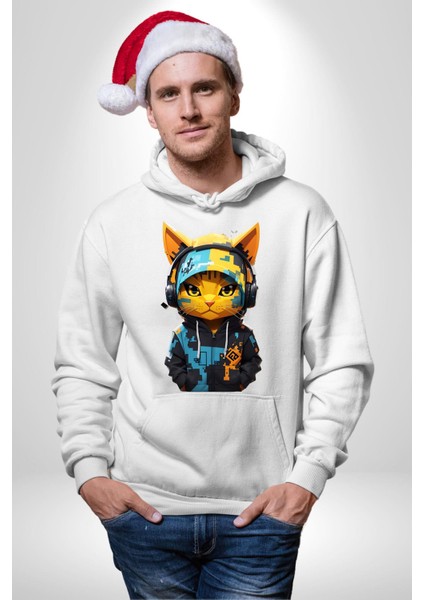 Kulaklıklı Havlı Serseri Kedi Kadın Erkek Baskılı Üç Iplik Beyaz Kapüşonlu Hodie Sweatshirt fırsatları