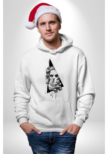 Kuru Kafa Heykel Üçgen Sanatsal Kadın Erkek Baskılı Üç Iplik Beyaz Kapüşonlu Hodie Sweatshirt