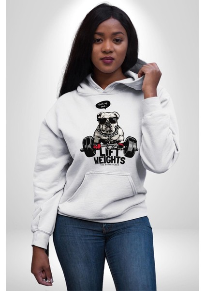 Ağırlıkçı Halter Sporcu Pitbull Kadın Erkek Baskılı Üç Iplik Beyaz Kapüşonlu Hodie Sweatshirt
